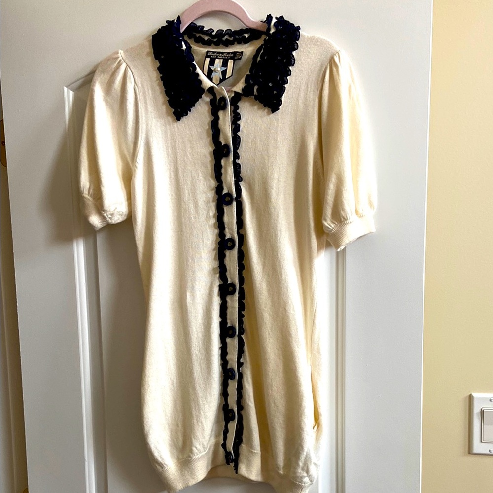 Longline Cream Cardigan with Navy Trim size M